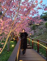 Woman standing by cherry blossom on footbridge