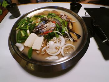 High angle view of soup in bowl on table