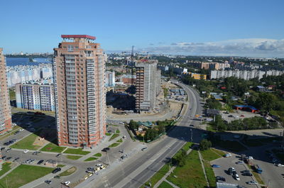 High angle view of street amidst buildings in city