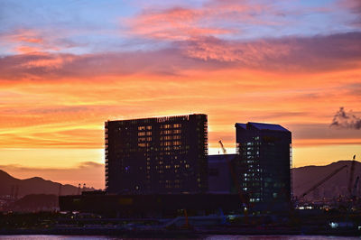 Illuminated buildings against sky during sunset