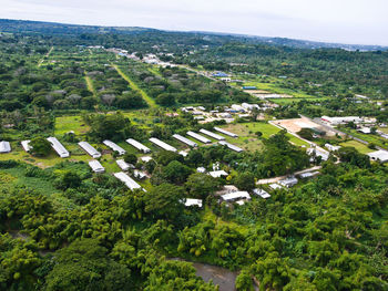 High angle view of buildings on field