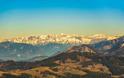 Scenic view of snowcapped mountains against clear sky