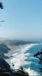 Scenic view of sea against clear blue sky