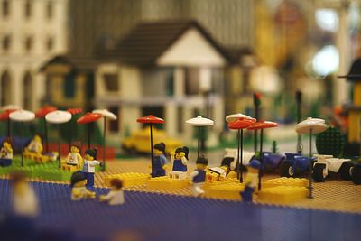 View of toys against buildings in city