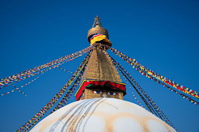Low angle view of boudhnath stupa, one of the biggest buddhist shrines in the world, kathmandu