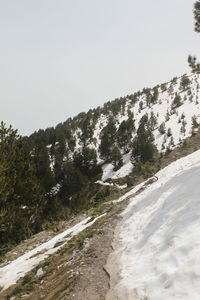 Scenic view of snow covered mountains against clear sky