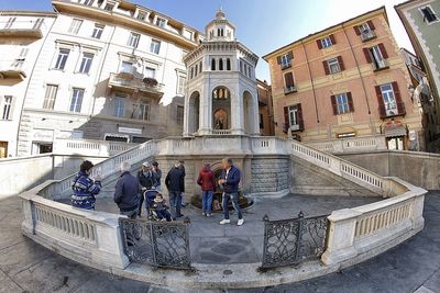 High angle view of people on steps