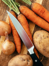 High angle view of chopped vegetables on cutting board