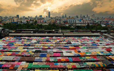 High angle view of multi colored buildings in city