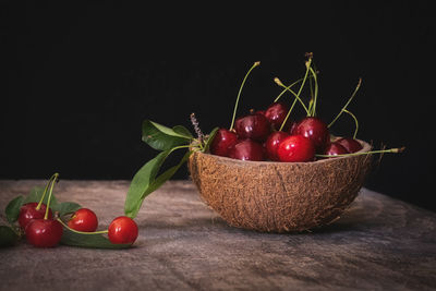 Close-up of strawberries in basket on table