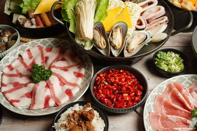 High angle view of meal served on table