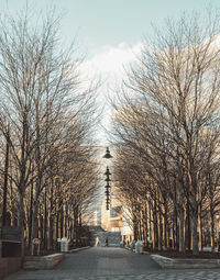 Street amidst bare trees in city against sky