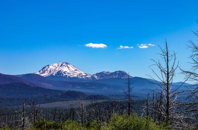 Scenic view of snowcapped mountains against blue sky