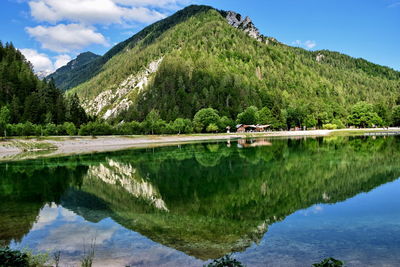 Scenic view of lake and mountains against sky