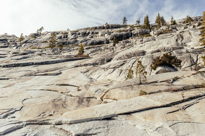 Low angle view of rock formation against sky