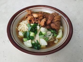 High angle view of food in bowl on table