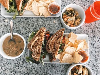 High angle view of breakfast on table