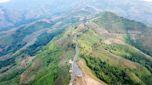 Aerial landscape view mountain paths rural road between the city at doi chang chiang rai thailand