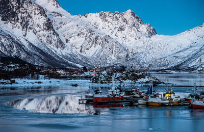 Scenic view of frozen lake against mountain range