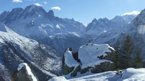 Scenic view of snowcapped mountains against sky