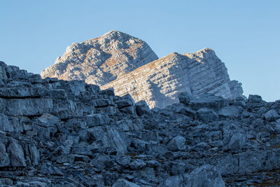 Scenic view of snowcapped mountains against clear blue sky