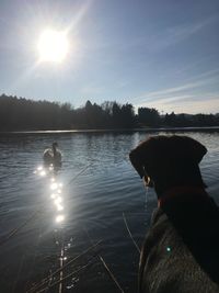 Reflection of man in lake against sky during sunset