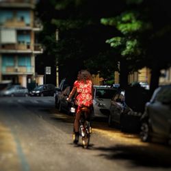 Rear view of man riding bicycle on street