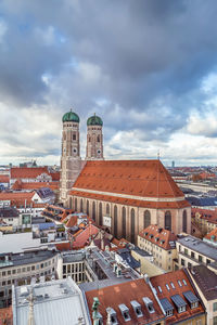 Frauenkirche is a church in munich, bavaria, germany. aerial view from new town hall tower