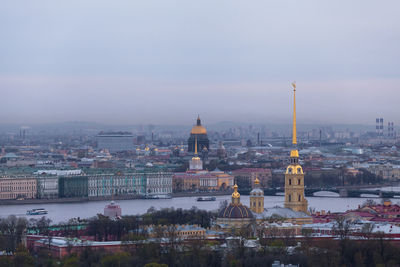 Aerial landscape of st peterburg. peter and paul cathedral, saint isaacs cathedral, winter palace