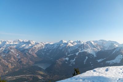 Scenic view of snowcapped mountains against clear sky