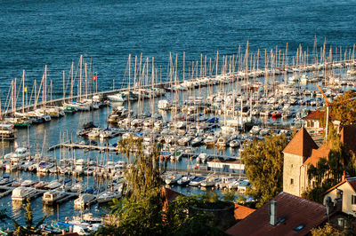 High angle view of cityscape by sea