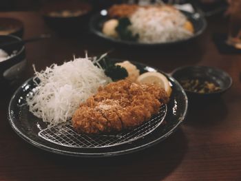 High angle view of food in plate on table