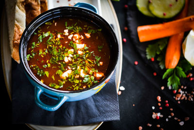 High angle view of vegetables in bowl on table