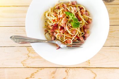 High angle view of noodles in bowl on table