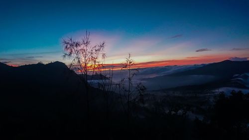 Scenic view of silhouette trees against romantic sky at sunset