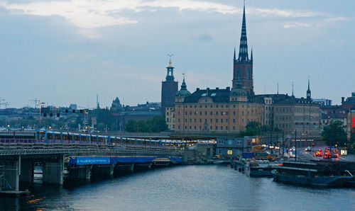 Bridge over river with buildings in background