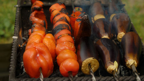 Peppers, tomatoes and eggplants on skewers roasted in the grill. delicious and healthy vegetables