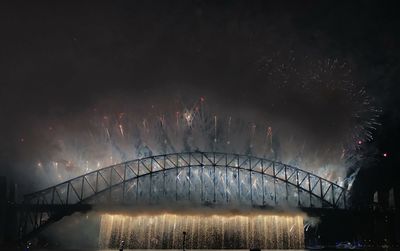 Low angle view of firework display over river against sky at night