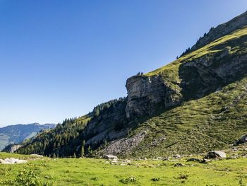 Scenic view of mountains against clear blue sky