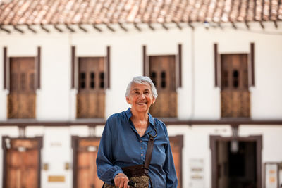 Senior woman tourist at the heritage town of salamina in the department of caldas in colombia