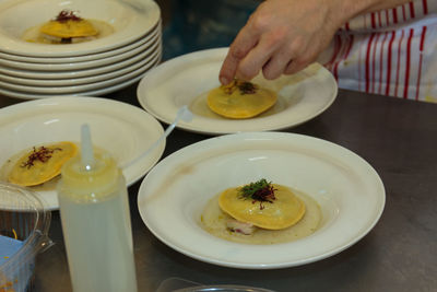 High angle view of food served on table