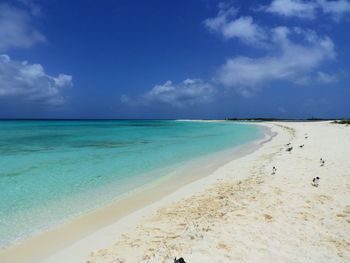 Scenic view of beach against blue sky