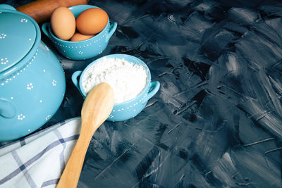 High angle view of ice cream in bowl on table