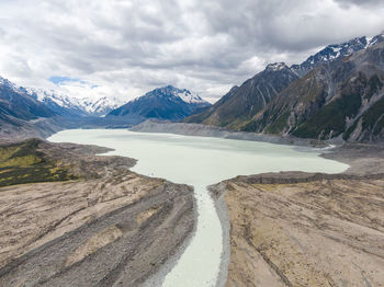 Aerial view of lake against mountain range