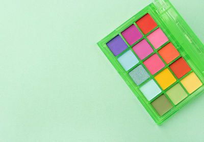 High angle view of toy blocks on white background