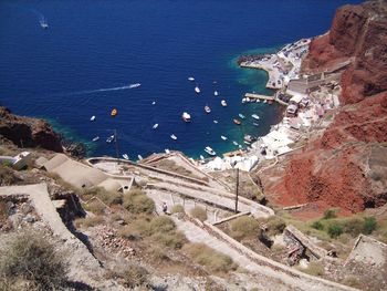Top view of the port and ships on the island of santorini, greece