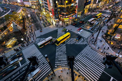 High angle view of illuminated city street