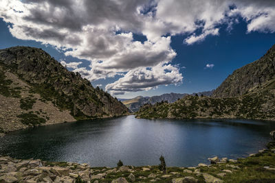 Scenic view of lake and mountains against sky