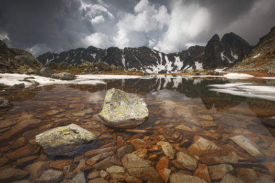 Scenic view of lake and rocks against sky