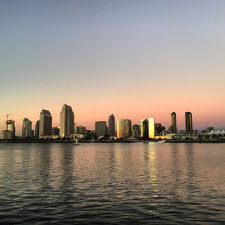 City at waterfront during sunset